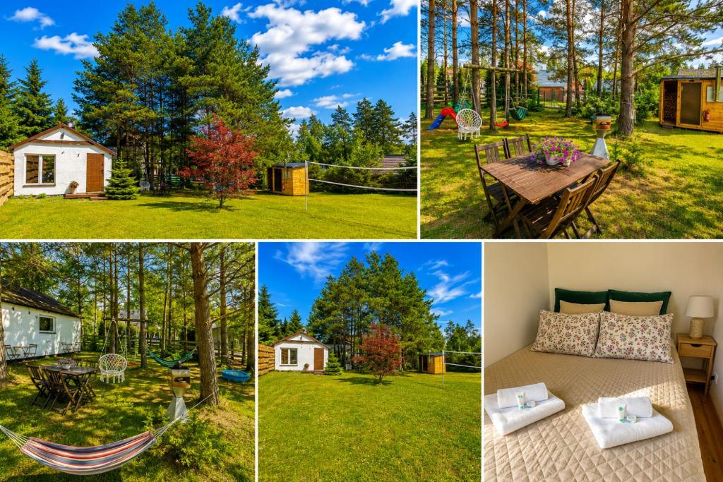 a collage of photos with a backyard and a cabin at Rest-Inn Timber-Lake in Kłodno