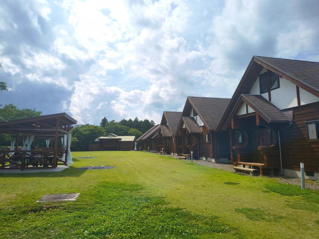 a row of wooden buildings with a grass yard at Maruta ひたち大宮 in Takabu
