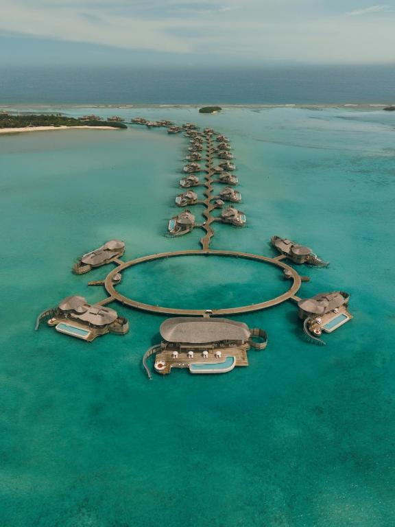 an aerial view of a resort in the water at Soneva Jani in Dhigurah