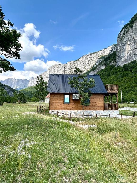 a log cabin in a field with mountains in the background at Komarnica Forest Owl 3 in Šavnik