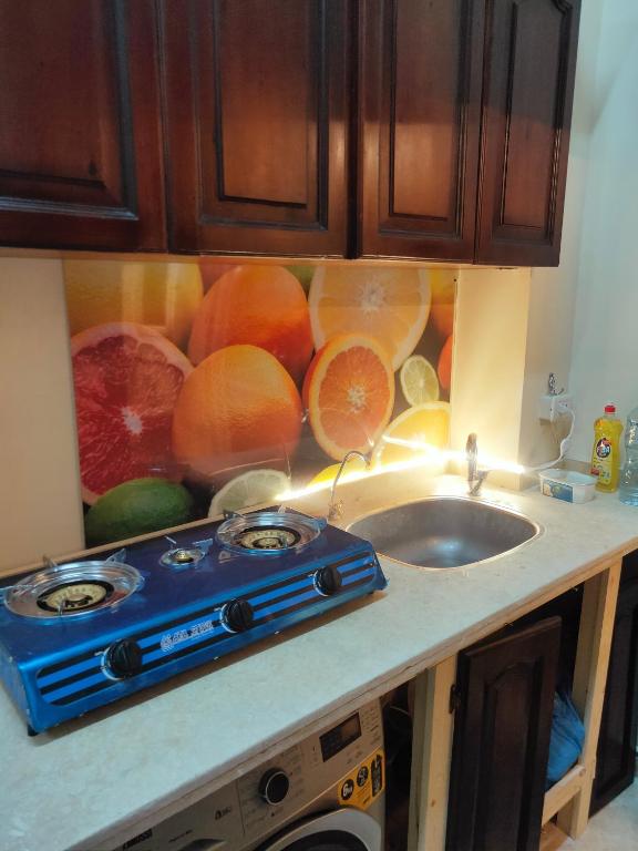 a kitchen counter with a stove and a sink at شقق وهوستل قصر الشباب للمصريين و المقيمين فقط Youth Palace Hostel & Apartments for Egyptians & Residents Only in Alexandria
