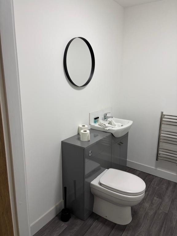 a bathroom with a sink and a toilet and a mirror at Broadway residence G01 in Bradford