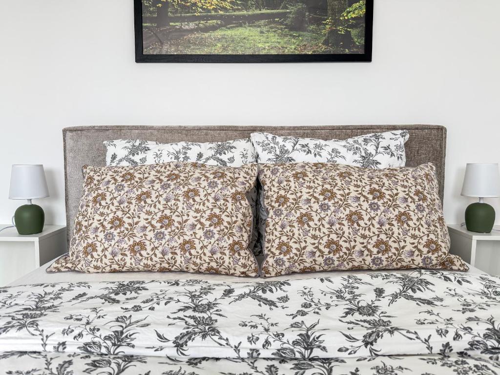 a bedroom with a bed with two pillows at Apartament Biłgorajski przy Rynku in Biłgoraj