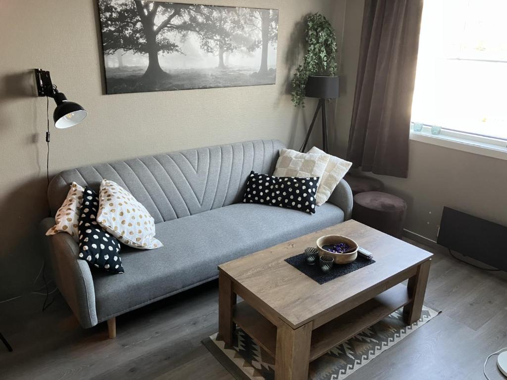 a living room with a couch and a coffee table at Apartment in Gautefall in Drangedal