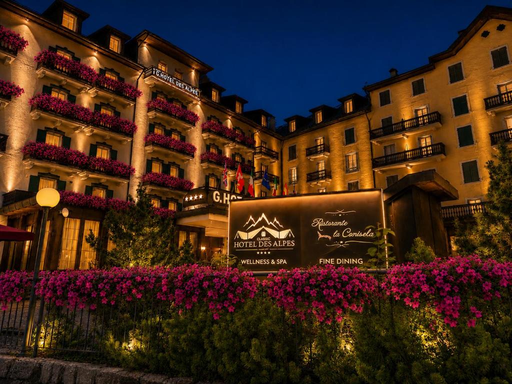 a sign in front of a building with flowers at G. Hotel Des Alpes (Classic since 1912) in San Martino di Castrozza