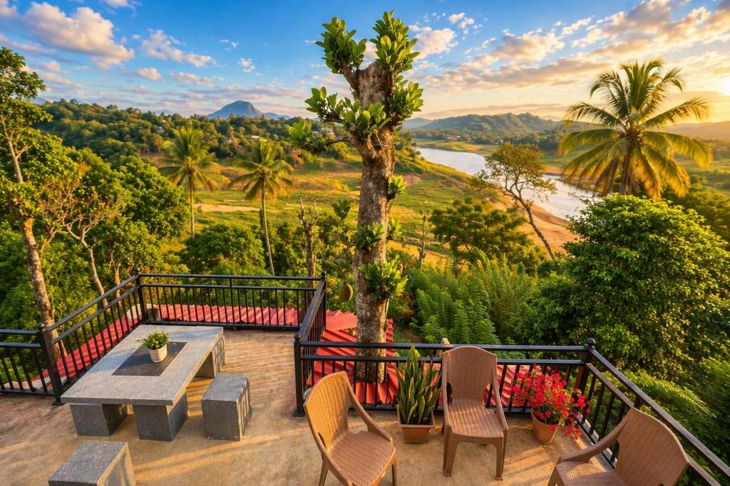 a patio with a table and chairs on a balcony at The Don Dock Kandy in Kandy