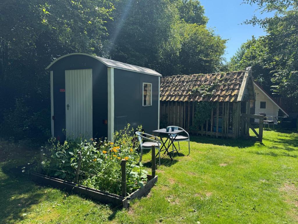 a shed in a yard with a table and flowers at Kleine Pipowagen op natuurcamping in Wedde