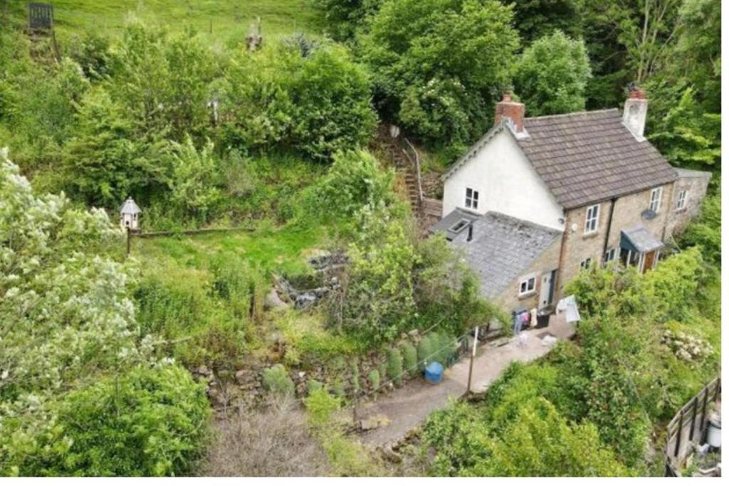 an aerial view of a house on a hill at Tranquil Woodland Cottage by river Wye in Lydbrook