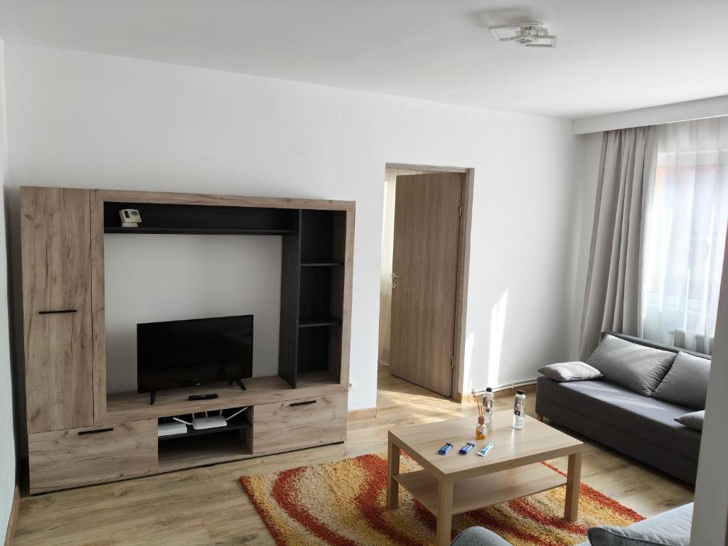 a living room with a flat screen tv and a couch at Intime Poto House Suceava in Suceava