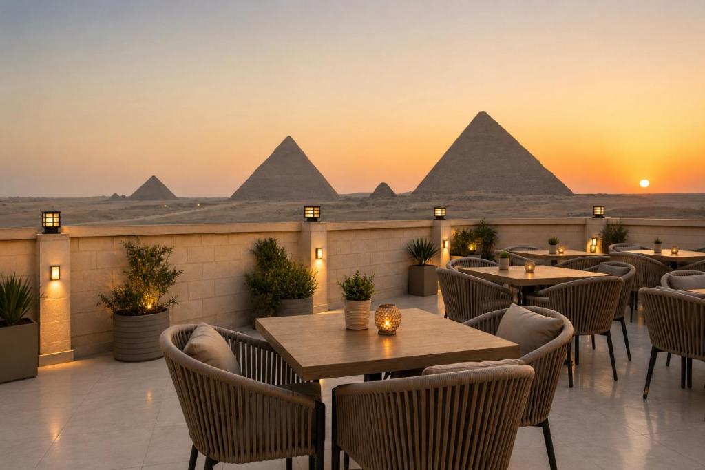 a restaurant with a view of the pyramids at Flower Pyramids Inn in Cairo