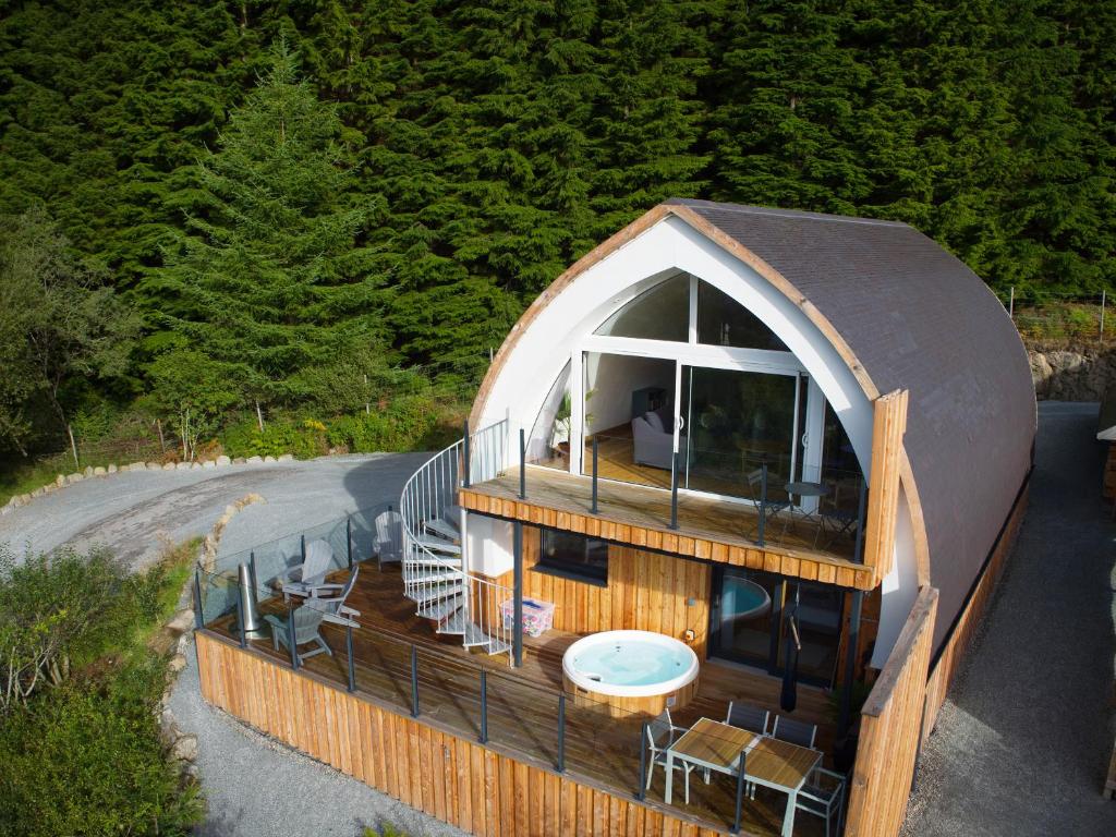 an overhead view of a circular house with a deck at Jack Strawbale House - Uk7521 in Strontian