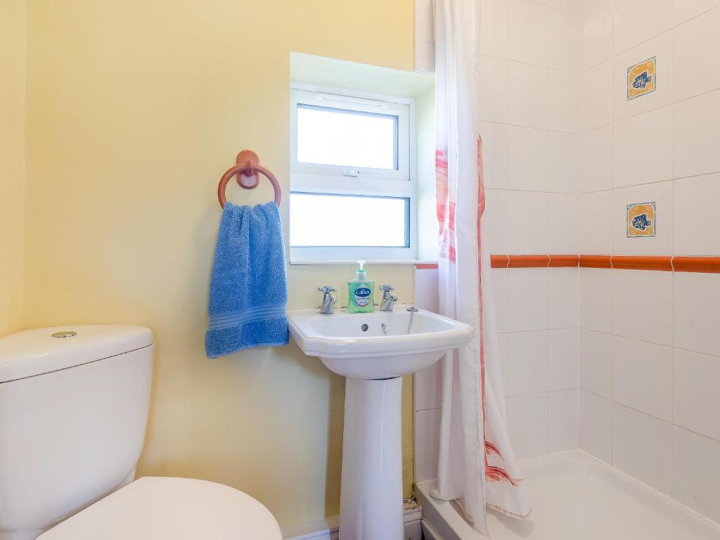 a bathroom with a sink and a toilet and a window at Edlington Hall Cottage in Edlington