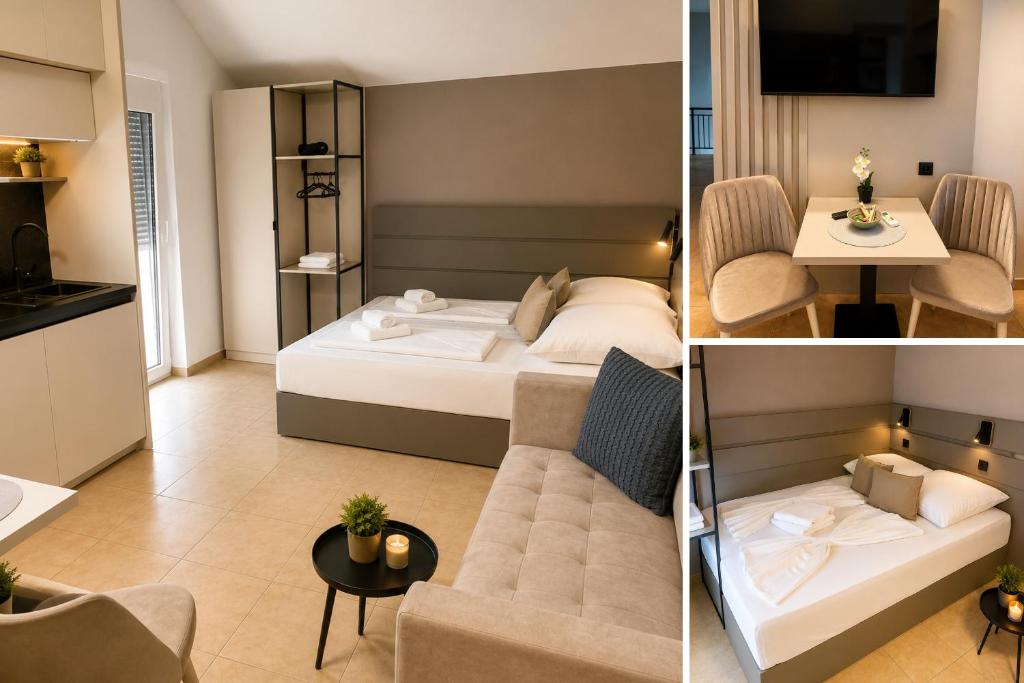 a hotel room with a bed and a couch and a table at Apartments Sejla in Ulcinj
