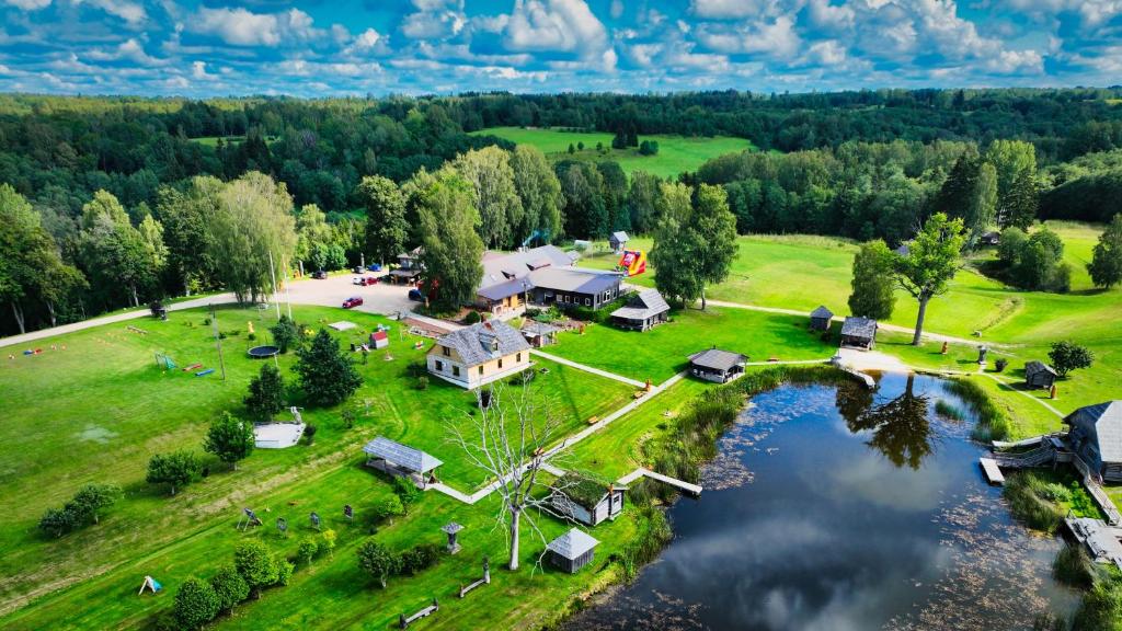 an aerial view of a house next to a river at Nõiariik Holiday Village in Antsla