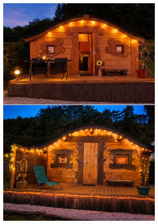 two pictures of a log cabin with lights on it at Les cabanes féeriques d'Amoncourt in Amoncourt
