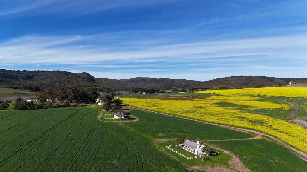 an aerial view of a green field with a house in it at Landmeterskop in Stanford