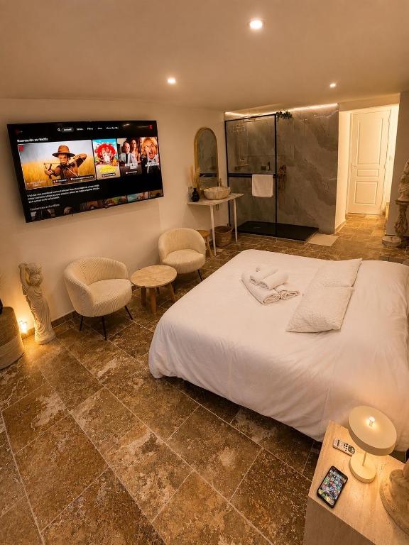 a bedroom with a bed and a tv on the wall at Suite avec jacuzzi DOLCE NOTTE in Rochegude