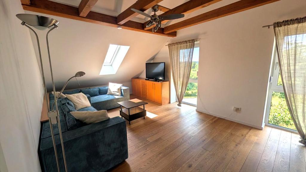 a living room with a blue couch and a tv at Ferienwohnung Malbrich in Gräfenberg