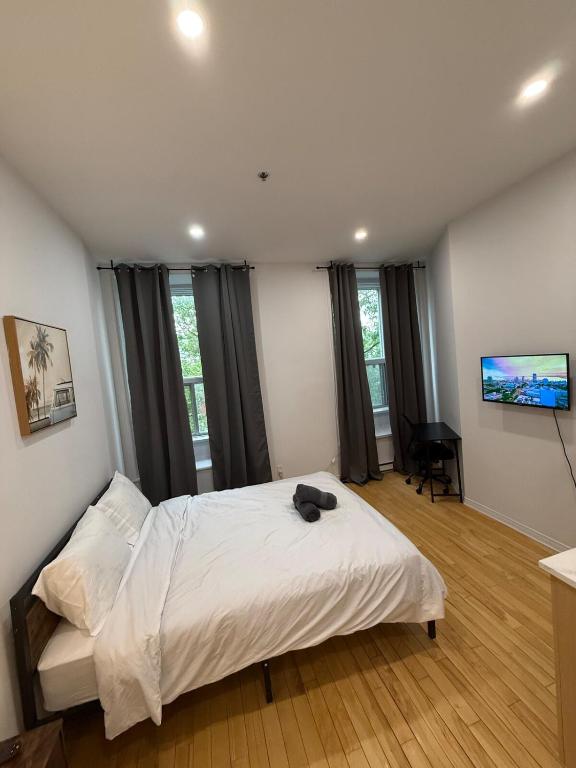 a bedroom with a bed with a cat laying on it at Downtown Studio for 2 with Free private parking in Montreal
