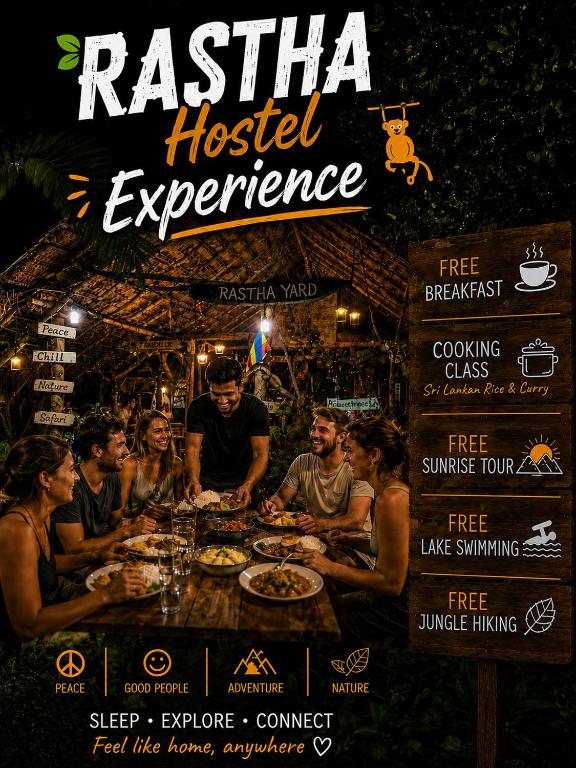 a group of people sitting around a table with food at Sigiriya Rastha Hostel in Sigiriya