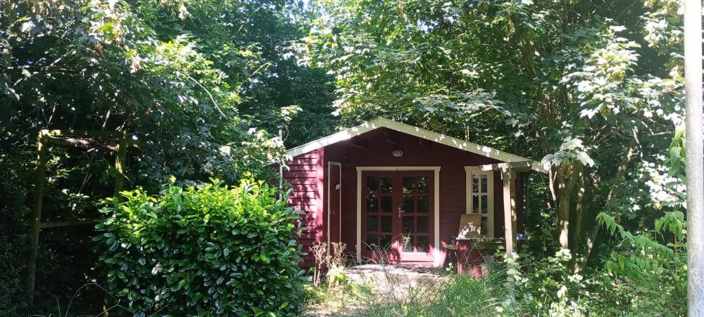 a small red house in the middle of trees at Retraitehuisje Westerwolde in Blijham