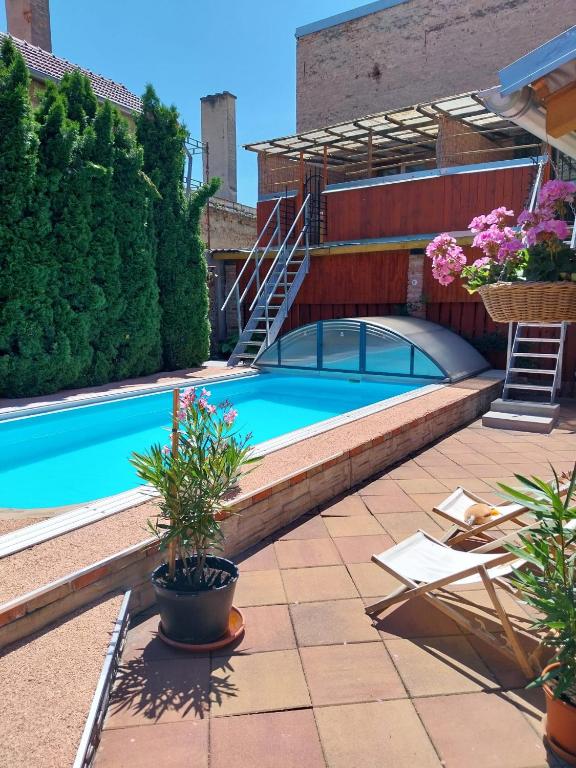 a swimming pool with potted plants next to a building at Apartmán u Šmídů in Jaroslavice