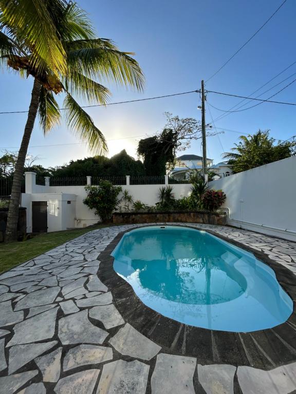 a swimming pool in a backyard with a stone patio and a palm tree at Alizé Mont Choisy in Mont Choisy