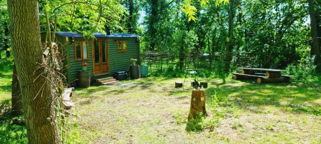 a small cabin in the middle of a forest at The Apple Farm Glamping in Snitterfield