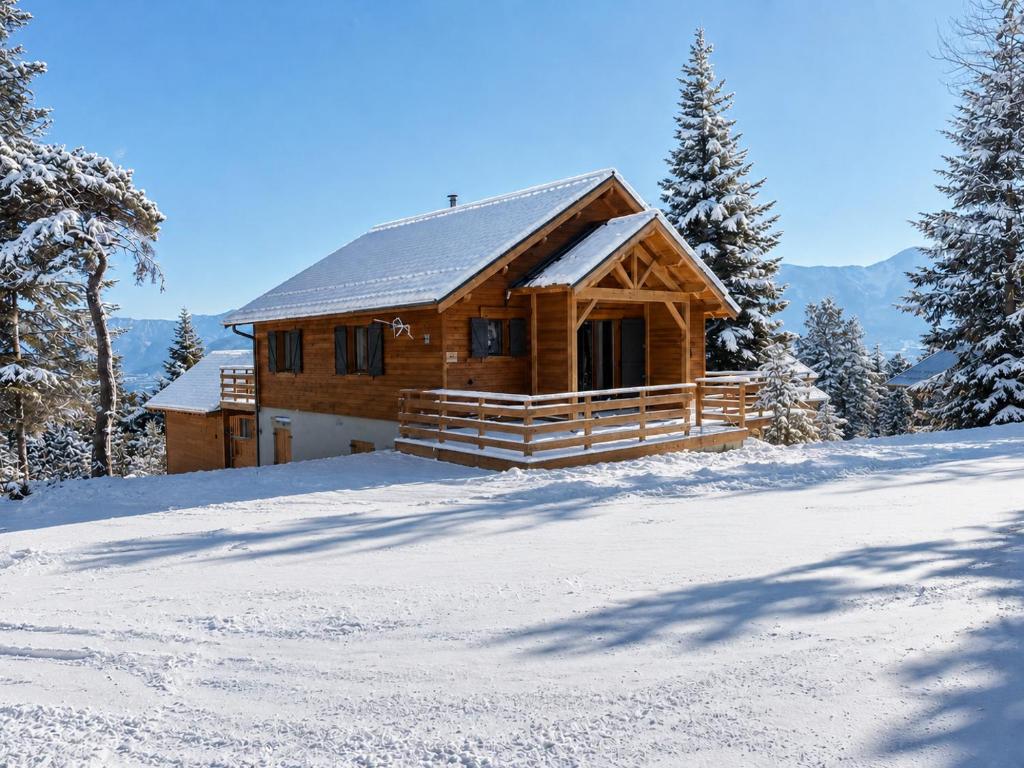 a log cabin in the snow with trees at Le Chalet in Selonnet