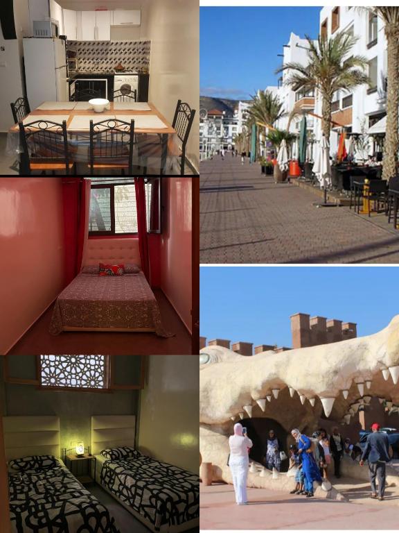 a collage of photos of a building with a table and people at Appartement agadir centre in Agadir