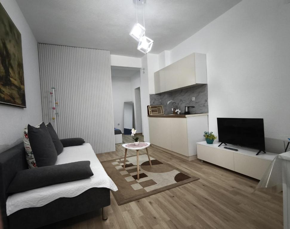 a living room with a couch and a tv at N&L apartments in Strumica