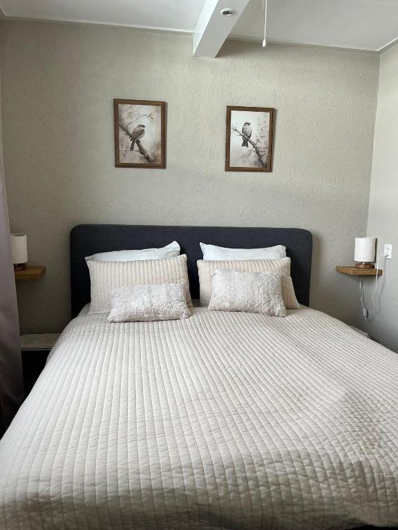 a bedroom with a large bed with two pillows at B&B Bij Kaatje Thuis in Emmen
