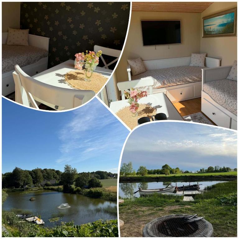 a collage of pictures of a room with a lake at Stuga 1 Lillstugan in Ängelholm