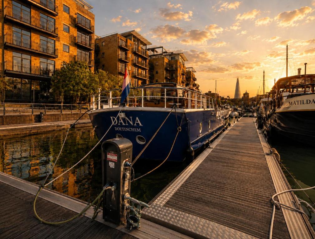 a blue boat is docked next to a dock at Historic Dutch Barge, Idyllic location in London
