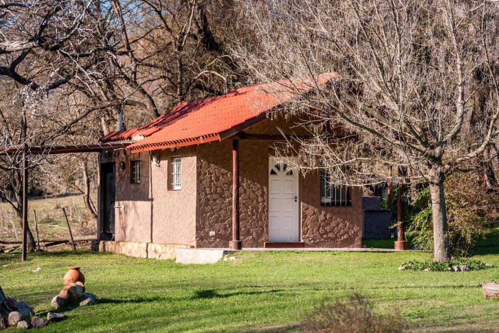 a dog sitting in front of a house at Entre Hileras - Las Rabonas in Las Rabonas