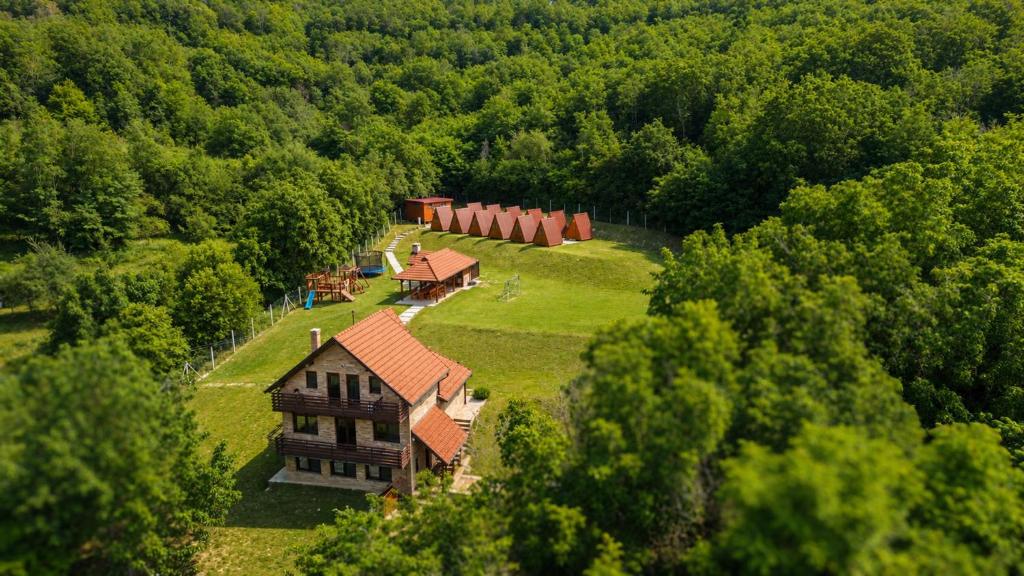 an aerial view of a house in the middle of a forest at Srce Baranje in Podolje
