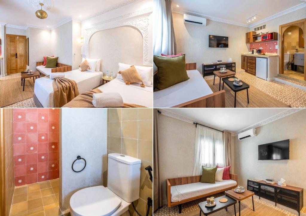 a collage of three pictures of a hotel room at Studio JOSAFAT Medina Tanger in Tangier