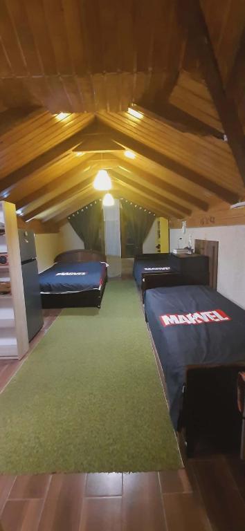 a attic room with two beds and a green rug at Captain in Ureki