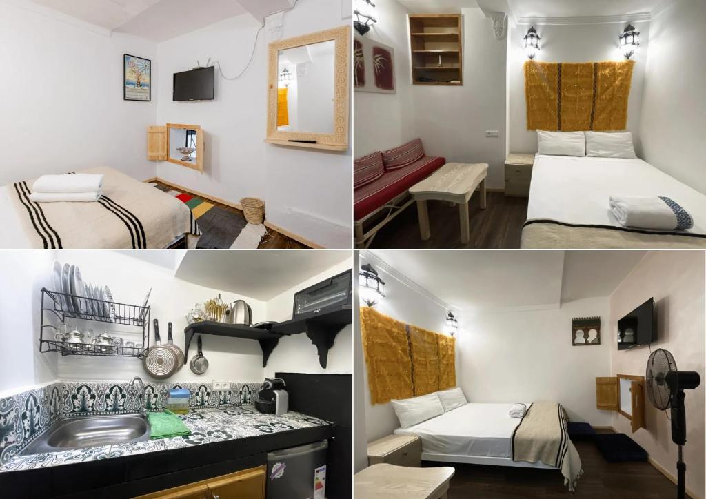 two pictures of a room with two beds and a sink at Studio Tnaker in Tangier