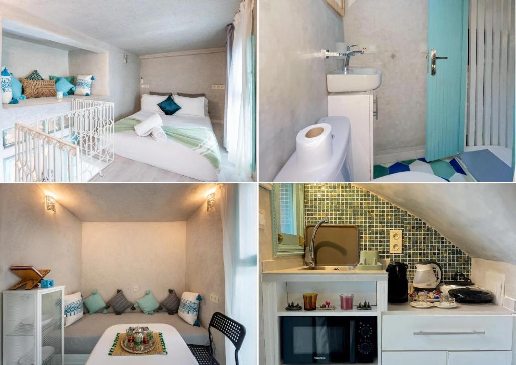two pictures of a small room with a bathroom at Studio Turquesa Kasbah Tangier in Tangier