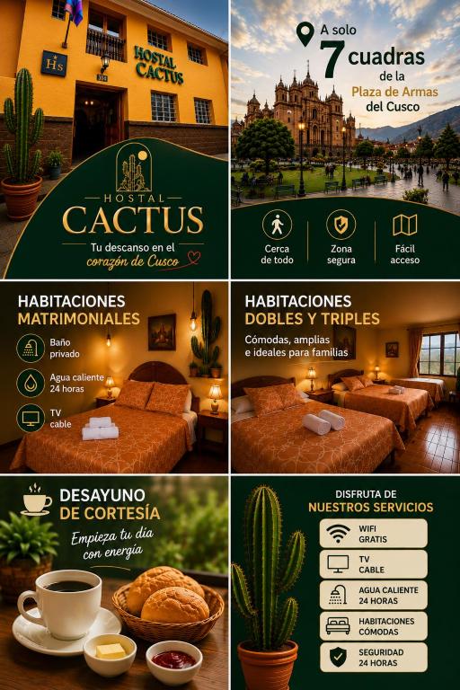 a collage of photos of a hotel with a menu at Hostal Cactus in Cusco