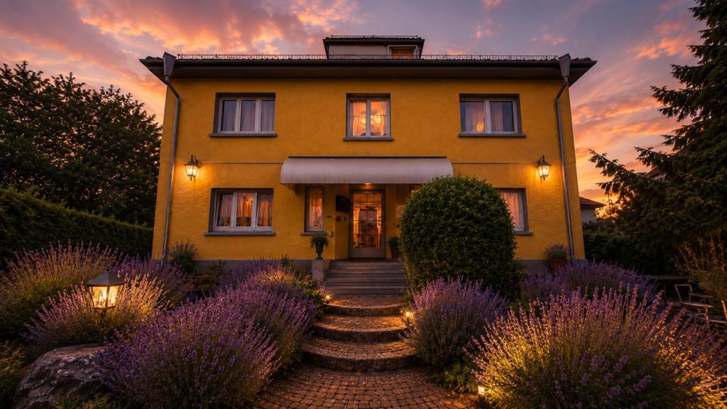 ein Haus mit lila Blumen davor in der Unterkunft Hotel-Heilsberg in Gottmadingen