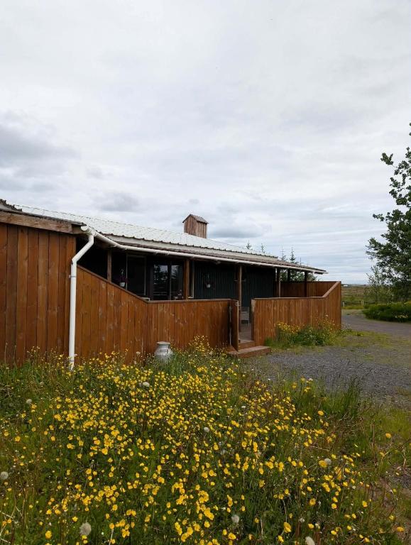 a building with a field of flowers in front of it at Studio apartment in countryside in Selfoss