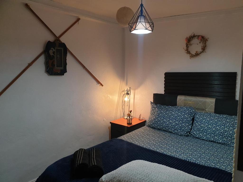 a bedroom with a bed with a blue comforter at Master's Homestay in Suva
