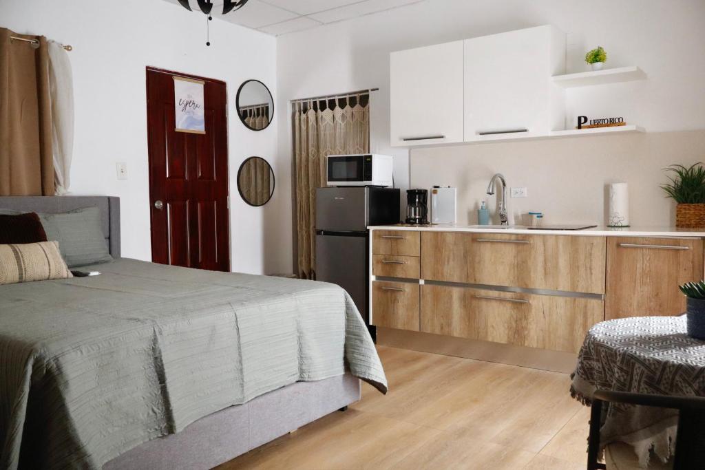 a bedroom with a bed and a kitchen at The Cozy Beach Studio in San Juan