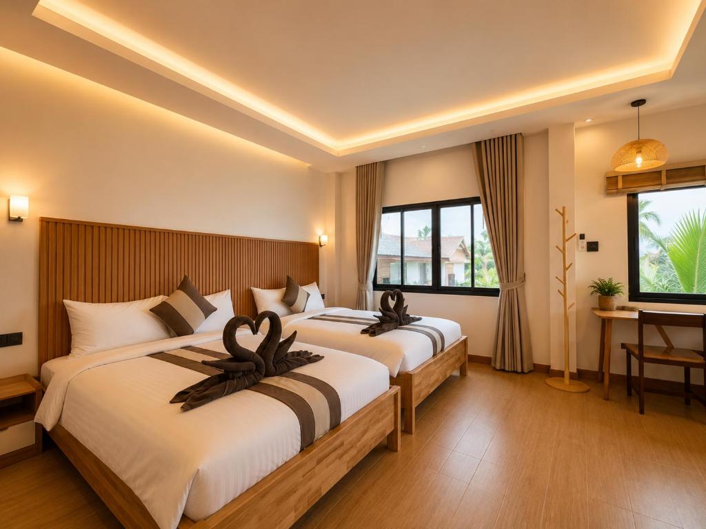 two beds in a hotel room with a desk and windows at Prukrom Lanta Villa in Ko Lanta