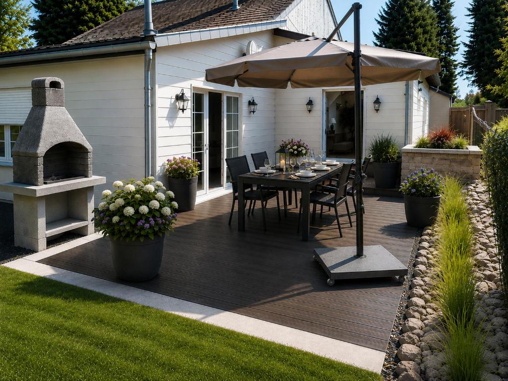 a wooden deck with a table and an umbrella at Maison Samree met Indoor Wellness in La-Roche-en-Ardenne