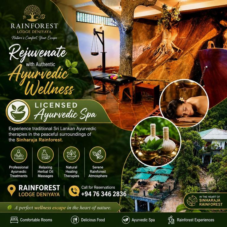 a flyer for an ayurvedic wellness event at Rainforest Lodge, Deniyaya singheraja in Deniyaya