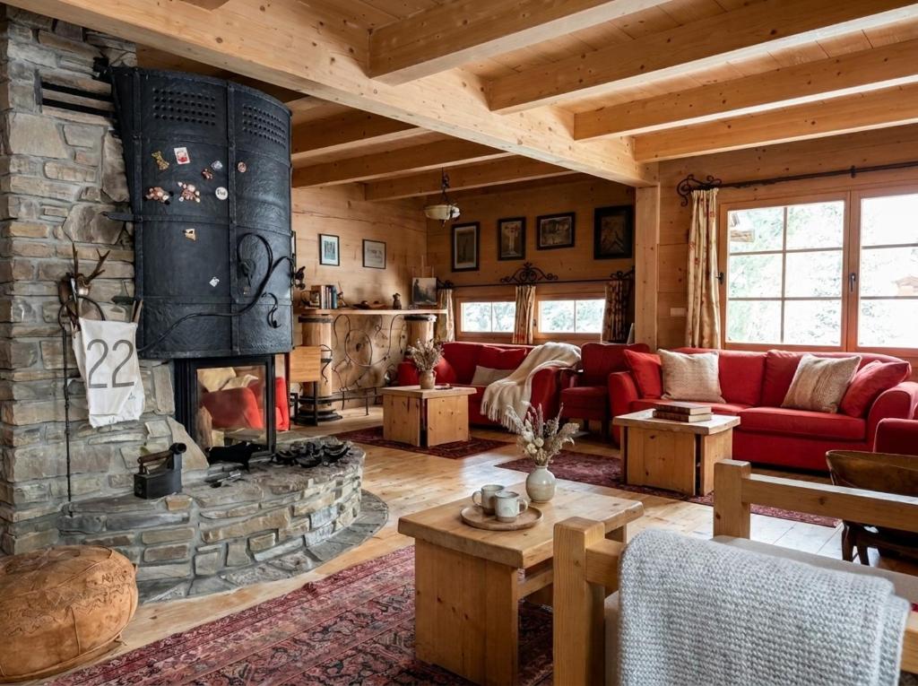 a living room with a red couch and a fireplace at Golden Tatra Chalet - Fireplace, Sauna & Garden in Zakopane