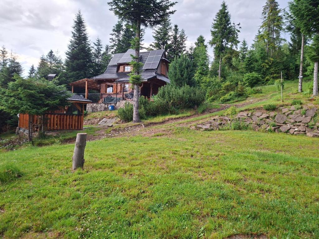 a house on a hill with a field in front of it at Osada Pod Turbaczem in Nowy Targ